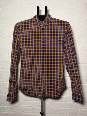 Scotch & Soda Men's Yellow and Blue Plaid Regular Fit Button-Down Oxford Shirt